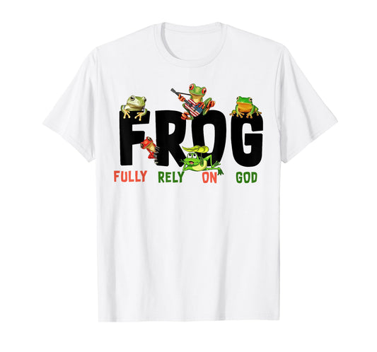 Funny Frog Fully Rely On God Tee Shirt - Unisex Kids Christian T-Shirt - White - Small - Short Sleeve