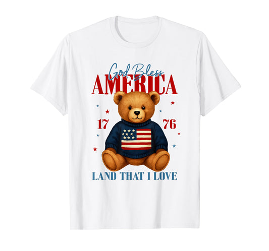 God Bless America Teddy Bear 4th of July USA Flag T-Shirt