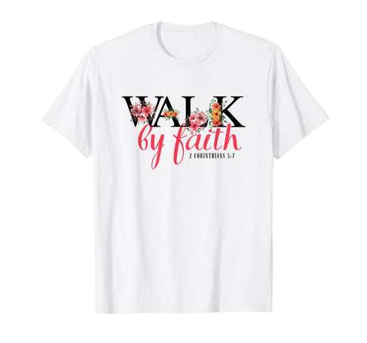 Walk by Faith Boho Christian Floral Vintage Bible Verse T-Shirt