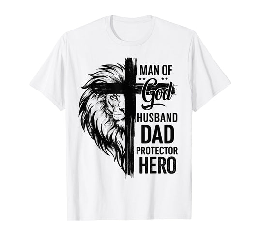 Christian Cross Man of-God Husband Dad Protector Hero Lion T-Shirt