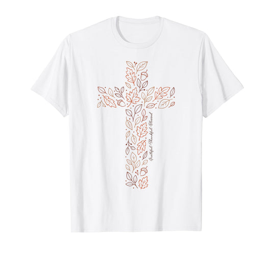 Christian Cross Tee Autumn Leaves Grateful Thankful Blessed T-Shirt