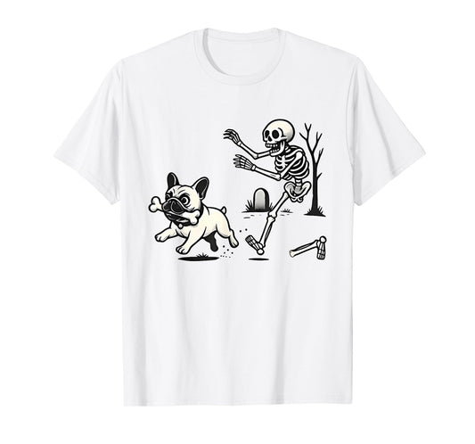 Skeleton Chasing French Bulldog Biting Leg Bone Halloween T-Shirt