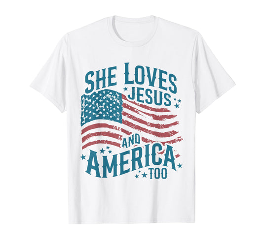 4th Of July She Loves Jesus And America Too Retro US Flag T-Shirt