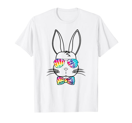 Bunny Face With Tie Dye Sunglasses & Bow Tie Easter Rabbit T-Shirt