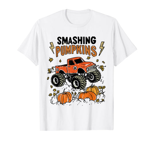 Retro Funny Monster Truck Smashing Pumpkin Boys Halloween T-Shirt