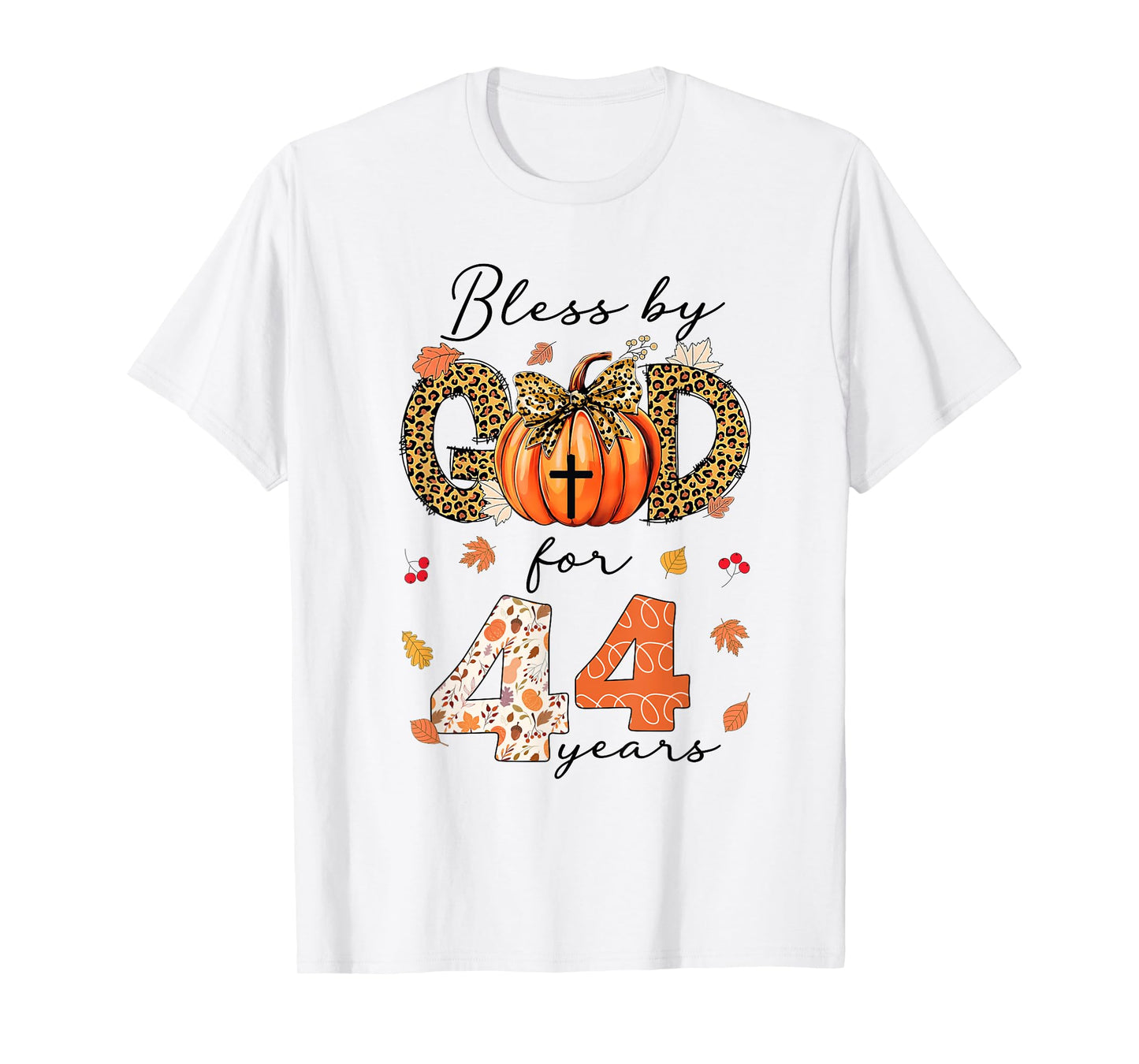 Blessed By God For 44 Years Old Woman Leopard Bow Pumpkin T-Shirt