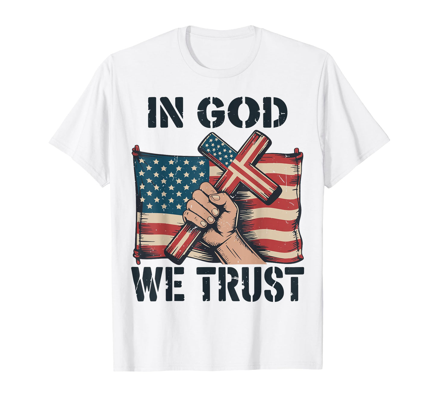 Mens in God We Trust American Flag Christian Patriotic Cross T-Shirt