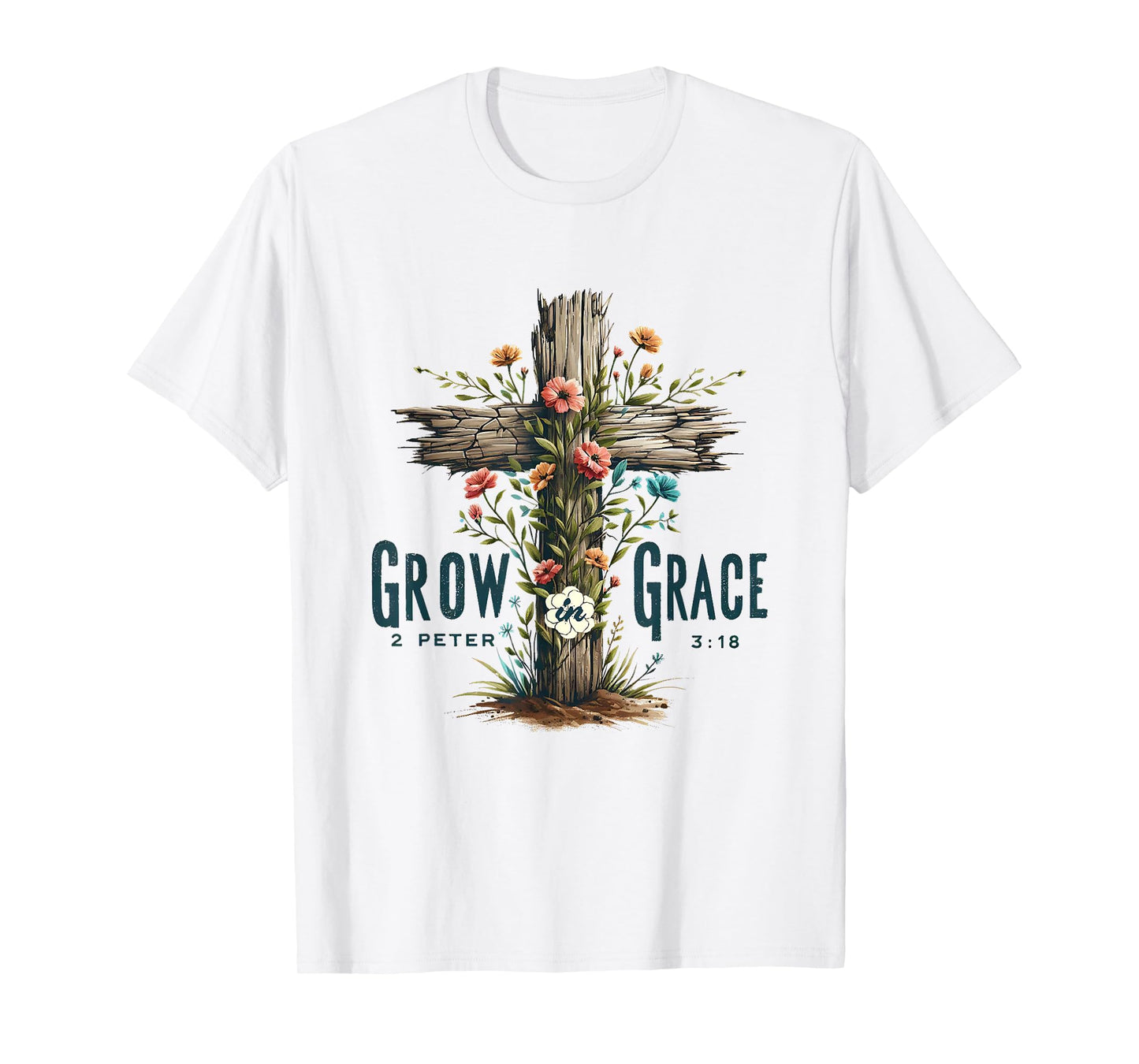 Christian Grow in Grace Bible Floral Cross T-Shirt
