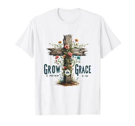 Christian Grow in Grace Bible Floral Cross T-Shirt