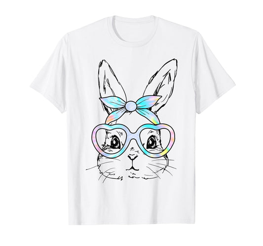 Cute Bunny Rabbit Face Tie Dye Glasses Girl Happy Easter Day T-Shirt