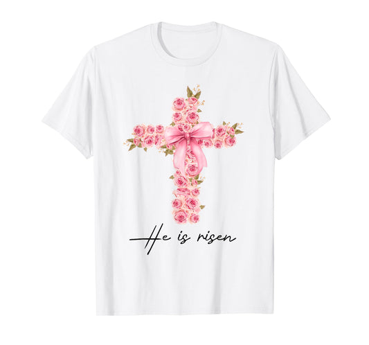 He Is Risen Coquette Bow Floral Cross Faith Easter Christian T-Shirt