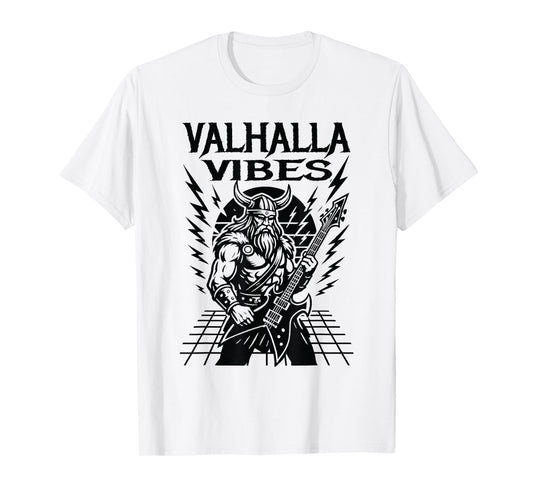 Valhalla Vibes Viking Metal Guitarist Norse Mythology Rock T-Shirt