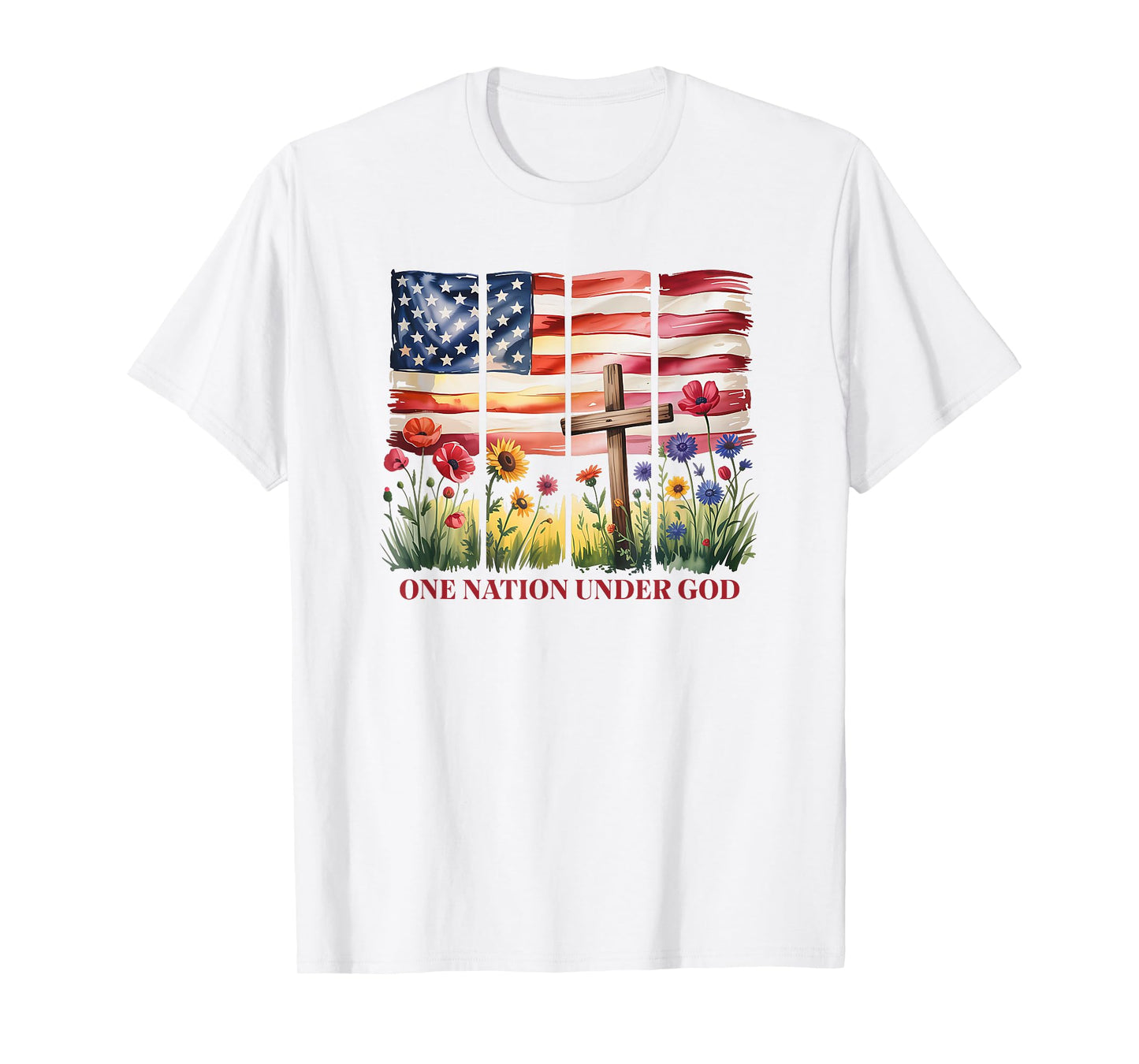 One Nation Under God American Flag Cross & Wildflower T-Shirt