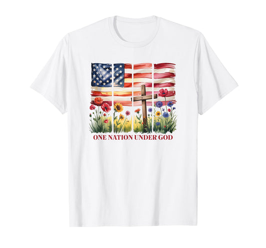 One Nation Under God American Flag Cross & Wildflower T-Shirt