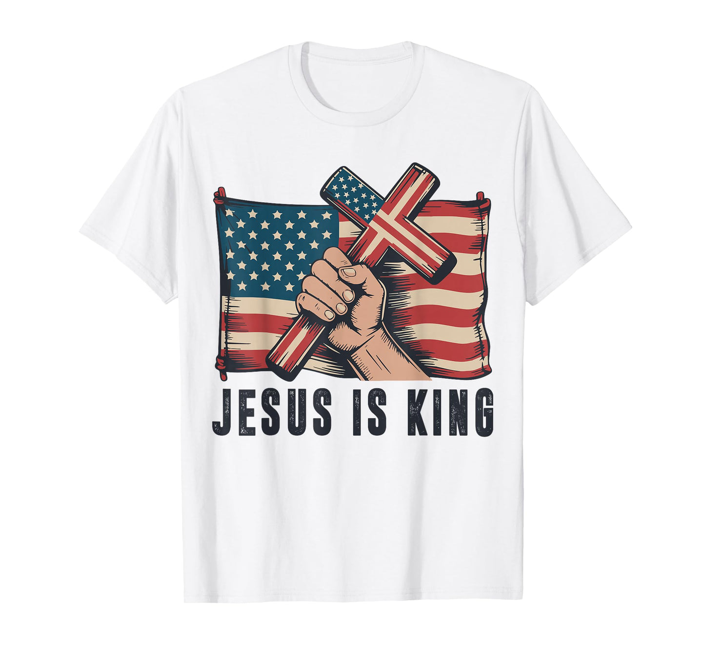 Mens Jesus is King Christian Patriotic Cross American Flag T-Shirt