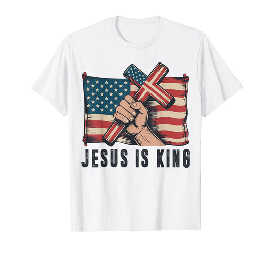 Mens Jesus is King Christian Patriotic Cross American Flag T-Shirt