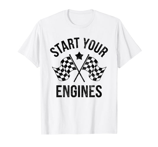 Start Your Engines Vintage Checkered Flag Race Car T-Shirt