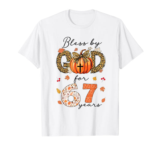 Blessed By God For 67 Years Old Woman Leopard Bow Pumpkin T-Shirt