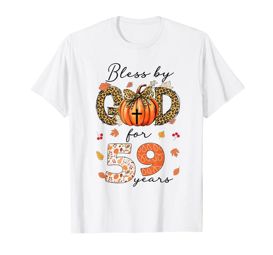 Blessed By God For 59 Years Old Woman Leopard Bow Pumpkin T-Shirt