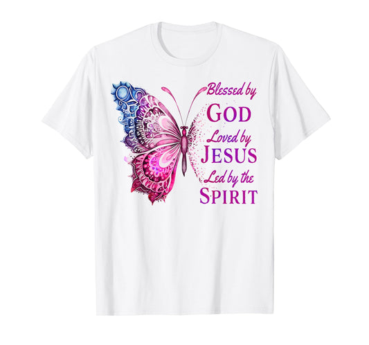 Blessed by God Loved by Jesus Pink Butterfly Christian T-Shirt