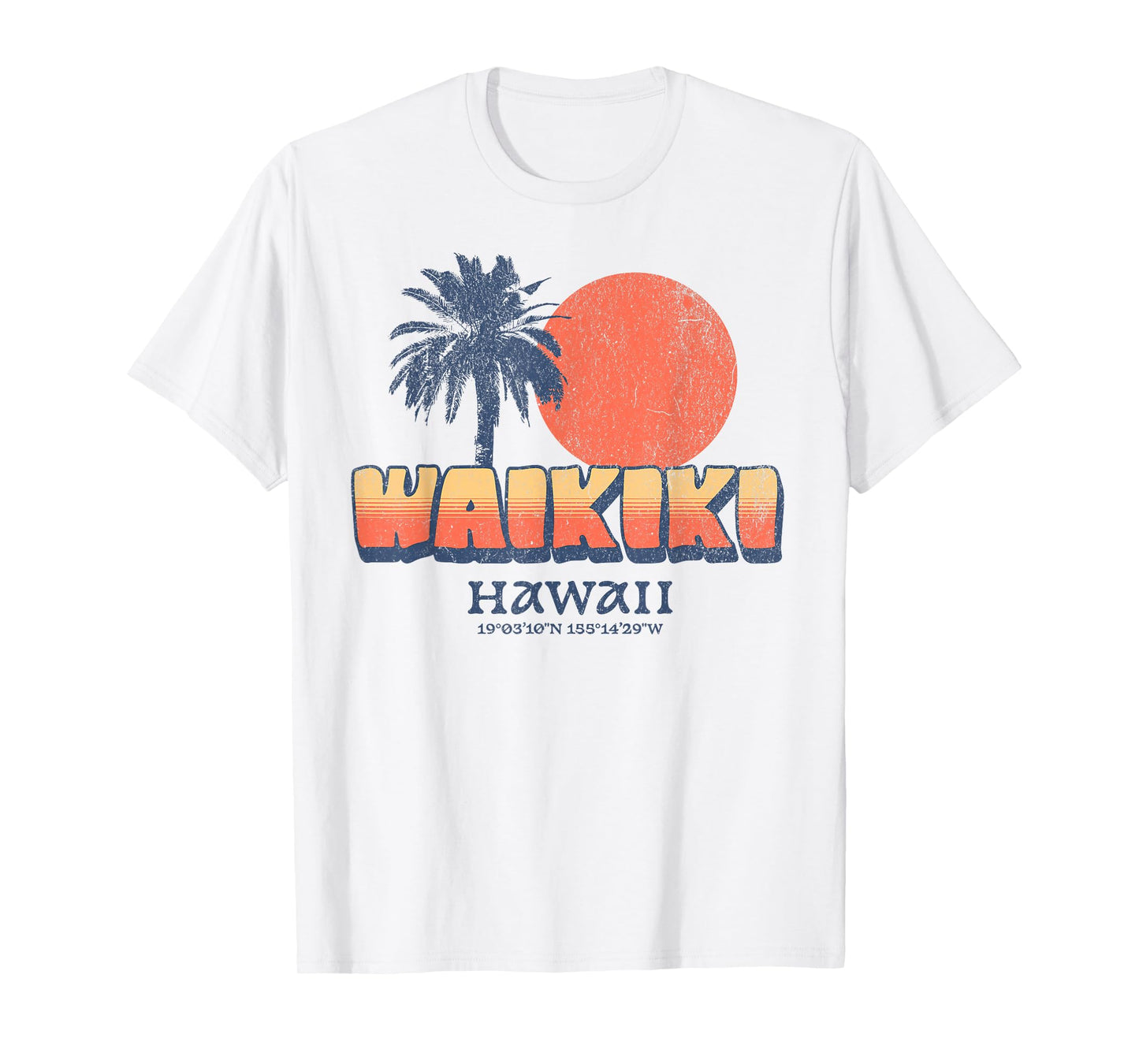 Funny Waikiki Hawaii Retro Sunset Palm Tree Hawaiian Beach T-Shirt