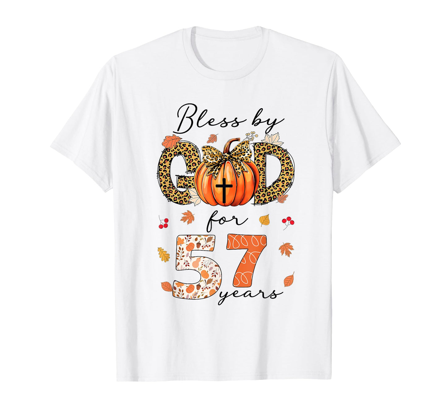Blessed By God For 57 Years Old Woman Leopard Bow Pumpkin T-Shirt