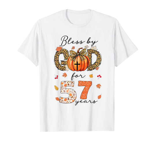 Blessed By God For 57 Years Old Woman Leopard Bow Pumpkin T-Shirt