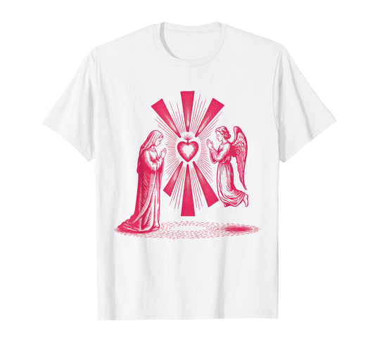 Mary and Angel in Prayer with Radiant Holy Light Artwork T-Shirt
