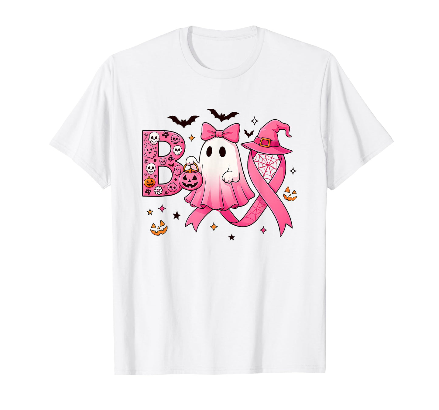 Cute Pink Ribbon Ghost Halloween, Breast Cancer Awareness T-Shirt