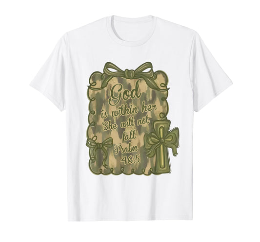 God is Within Her She Will Not Fail Bible Verse Camo Bow T-Shirt