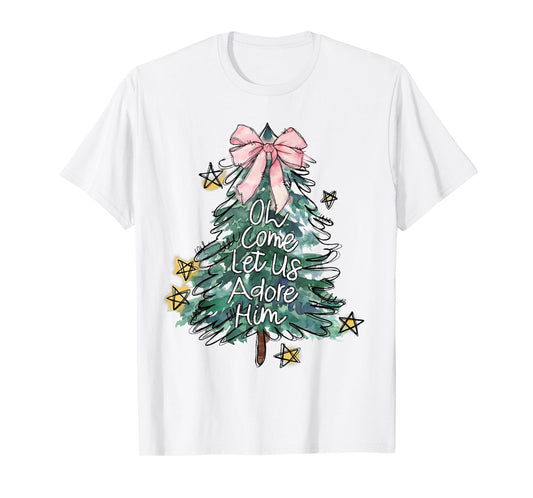 Oh Come Let Us Adore Him Christmas Xmas Tree Christian Jesus T-Shirt