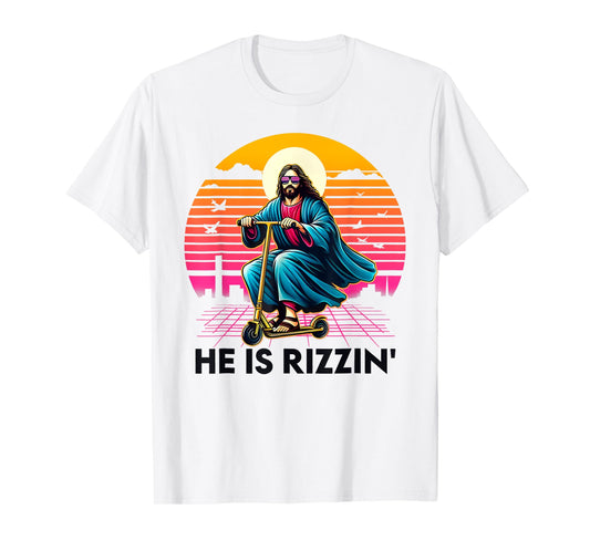 He Is Rizzin Jesus Riding Scooter Easter Christian Men Boy T-Shirt