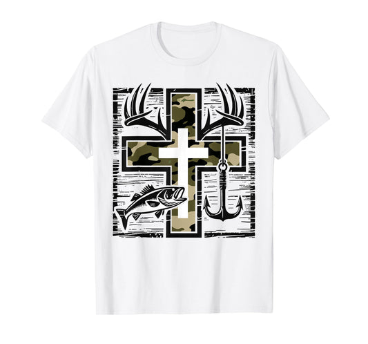 Faith Fishing Hunting Camo Cross with Hook Bass Christian T-Shirt