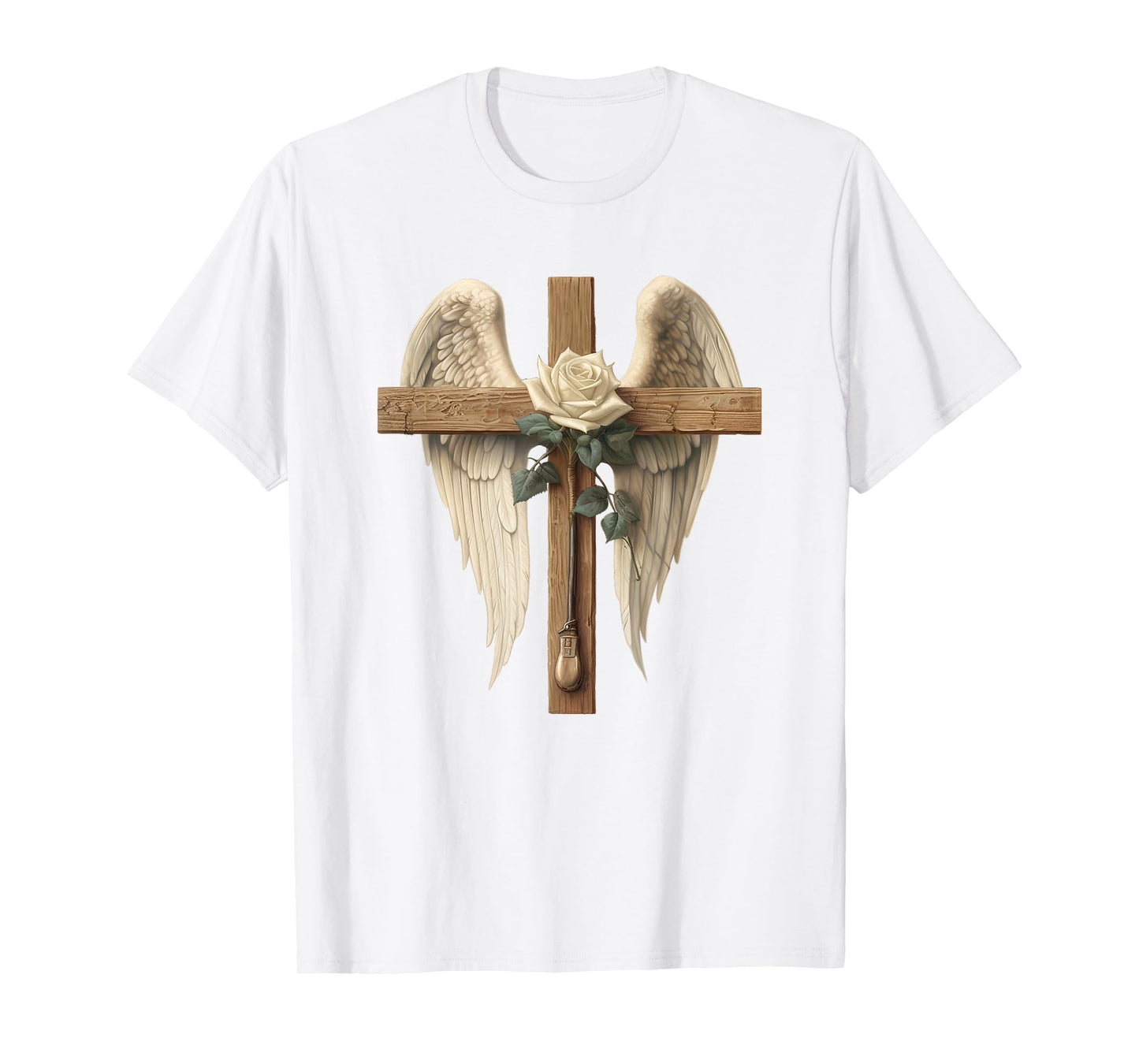 White Rose Flower Christian Cross For Women With Angel Wings T-Shirt