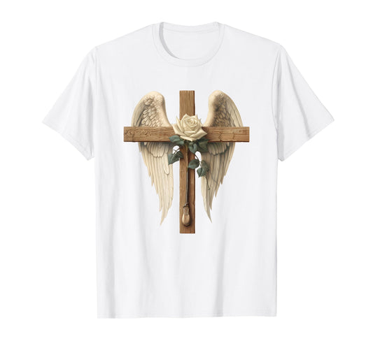 White Rose Flower Christian Cross For Women With Angel Wings T-Shirt