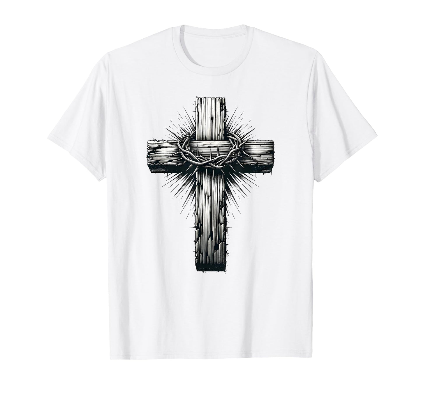 Rustic Wooden Cross Graphic Crown of Thorns Christian Faith T-Shirt