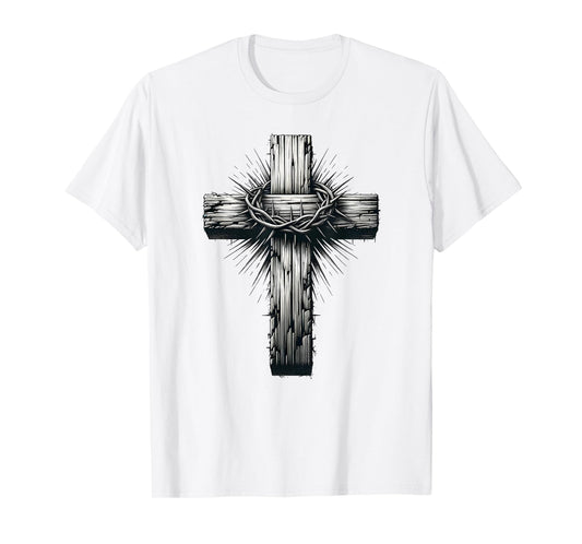 Rustic Wooden Cross Graphic Crown of Thorns Christian Faith T-Shirt