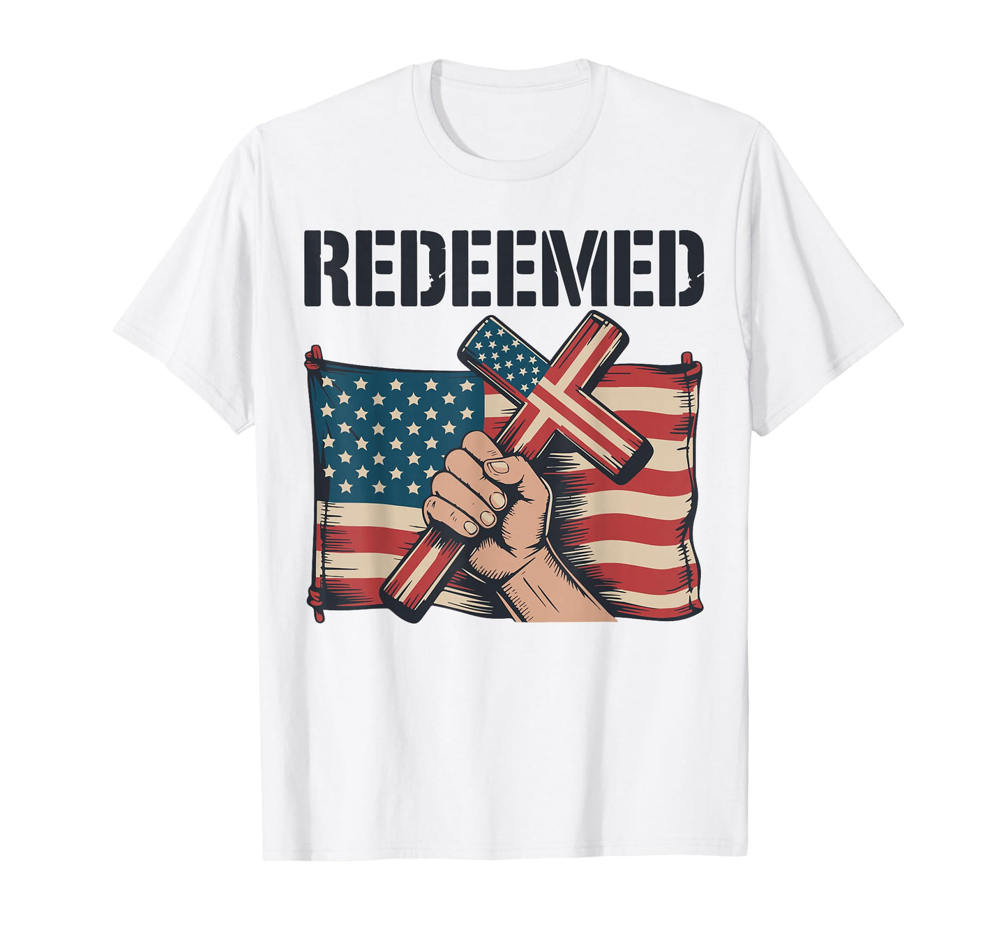 Men's Redeemed American Flag Christian Patriotic Cross Faith T-Shirt