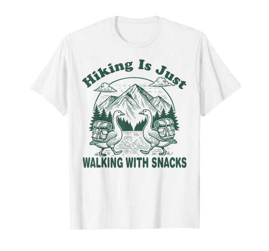 Hiking is Just Walking With Snacks Funny Goose Hiking Retro T-Shirt