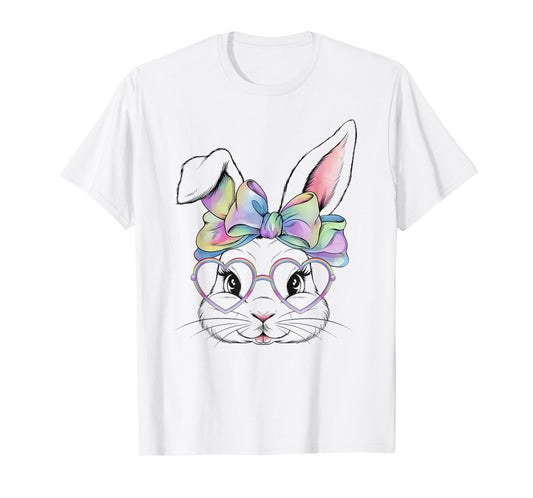 Cute Bunny Rabbit Face Tie Dye Glasses Girl Happy Easter Day T-Shirt