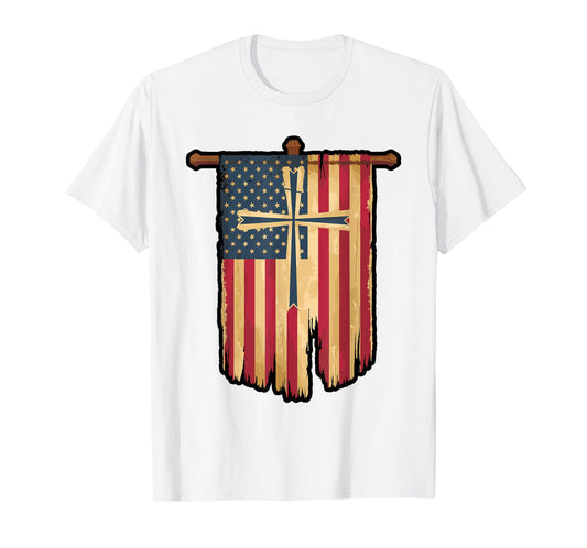 Distressed American Flag Cross Faith Design T-Shirt