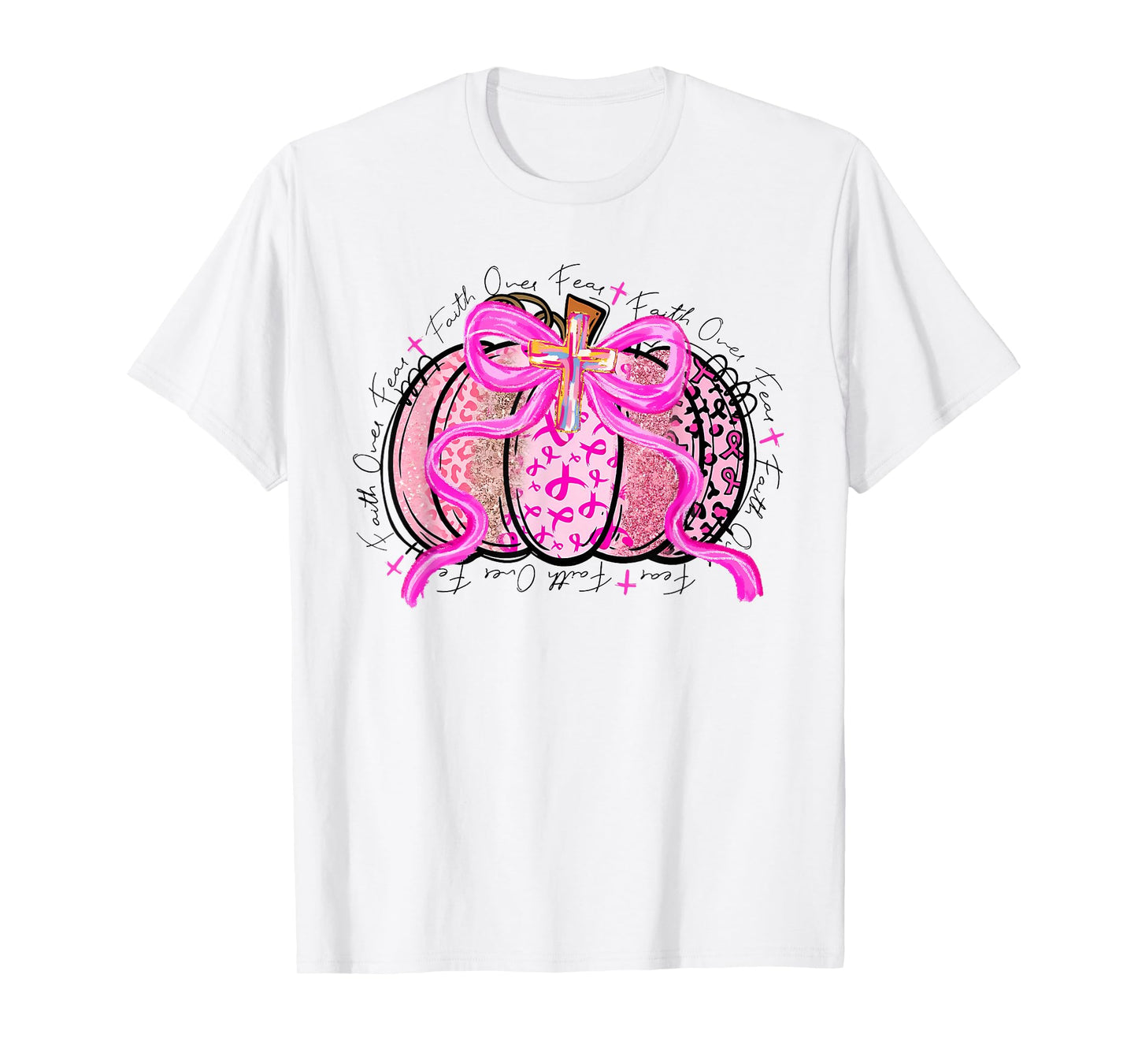 Faith Over Fear Preppy Pumpkin Christian Breast Cancer Fall T-Shirt