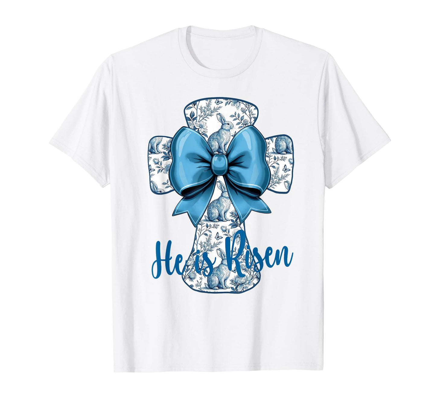 Easter Design He Is Risen Blue Toile Cross Christian Faith T-Shirt