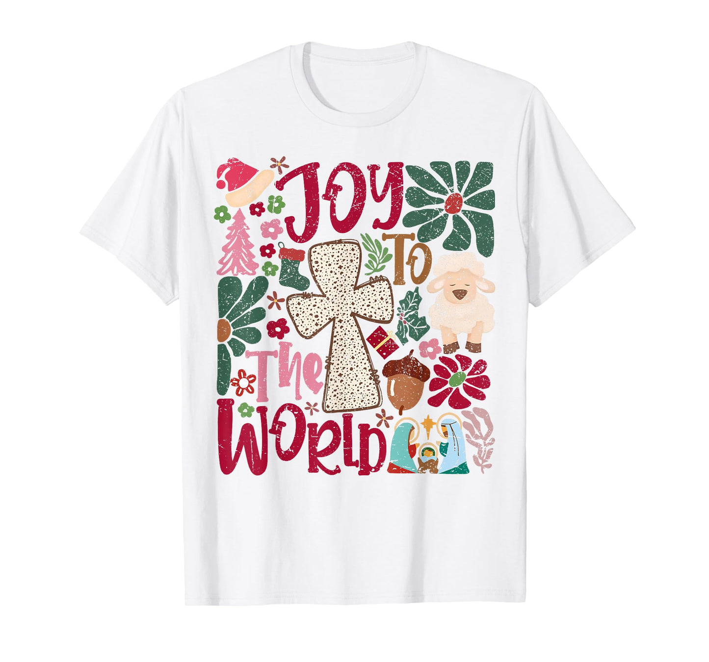 Joy to the World Christmas Nativity Scene Boho Flower T-Shirt