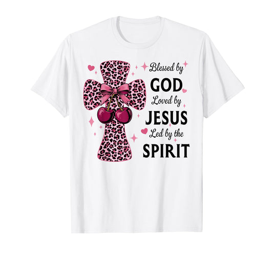 Blessed by God Loved by Jesus Coquette Leopard Cross T-Shirt