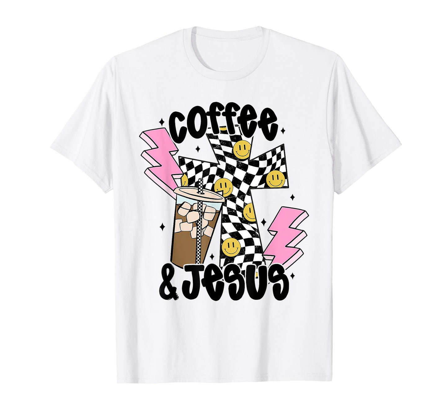 Retro Checkered Coffee and Jesus, Aesthetic Christian Women T-Shirt