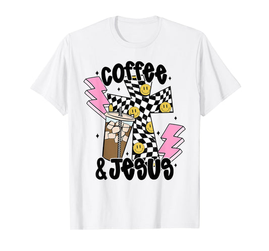 Retro Checkered Coffee and Jesus, Aesthetic Christian Women T-Shirt
