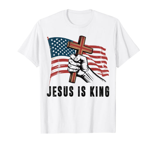 Mens Jesus is King American Flag Christian Patriotic Cross T-Shirt