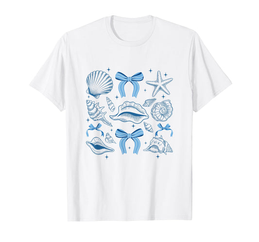 Blue Coquette Bow Seashell Retro Beach Summer Vibes Girls T-Shirt