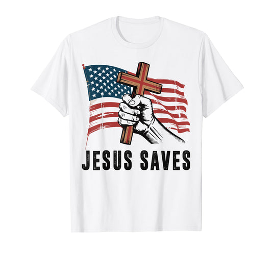 White Jesus Saves Christian Patriotic Cross American Flag T-Shirt
